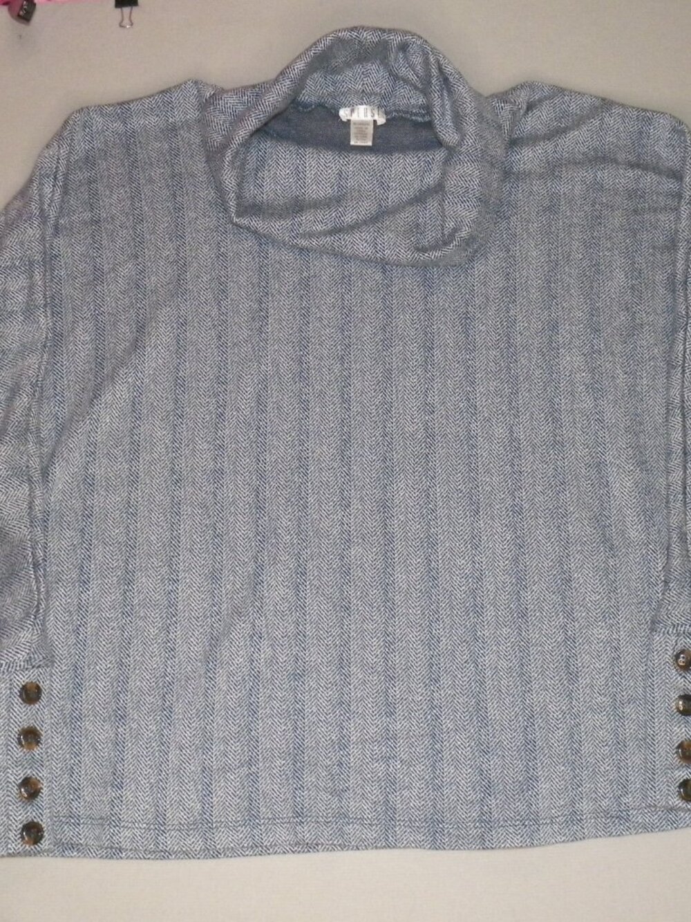 Spense Gray Herringbone Cowl Neck Sweater with Faux Button Cuffs